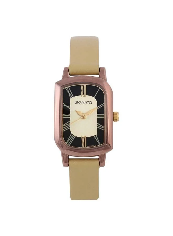 Sonata Asymmetrical Shape Leather Band Analog Wrist Watch 87001QL01 21mm Beige