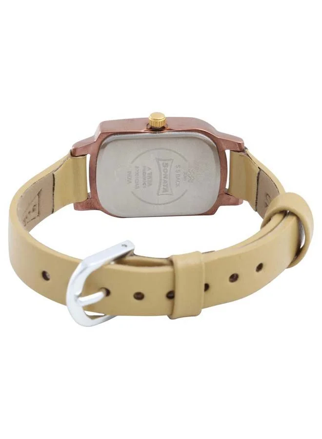 Sonata Asymmetrical Shape Leather Band Analog Wrist Watch 87001QL01 21mm Beige