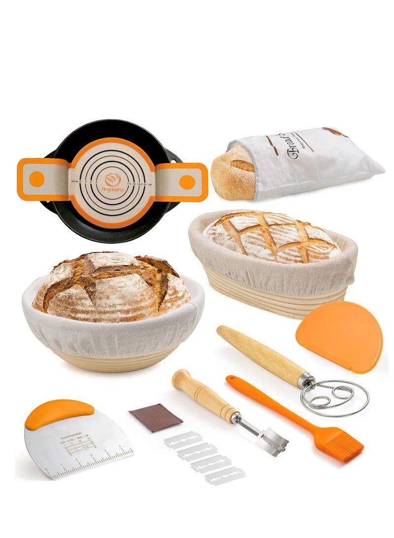 Furtey Banneton Proofing Basket Set - 10 Inch Oval & 9 Inch Round w/ Linen Liners | Sourdough Baking Kit Includes Bread Lame, Dough Scraper, Silicone Sling & Danish Whisk - Image 1