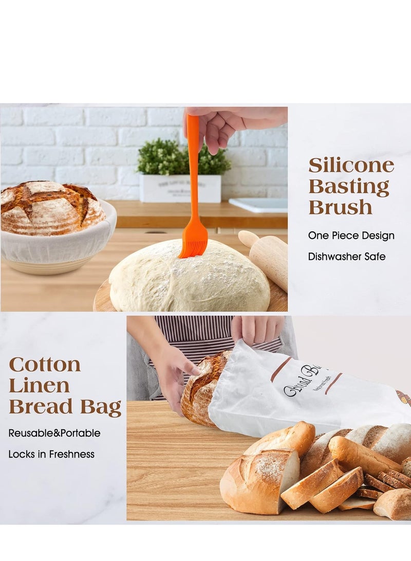 Furtey Banneton Proofing Basket Set - 10 Inch Oval & 9 Inch Round w/ Linen Liners | Sourdough Baking Kit Includes Bread Lame, Dough Scraper, Silicone Sling & Danish Whisk - Image 4