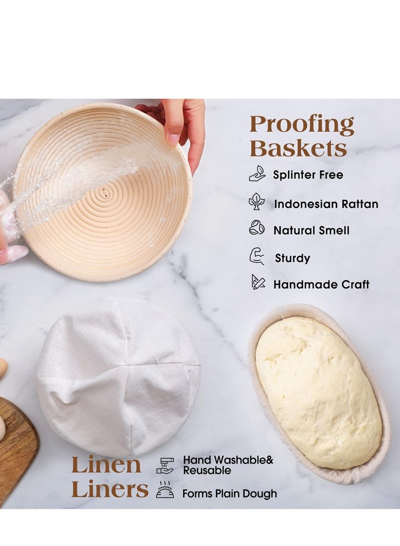 Furtey Banneton Proofing Basket Set - 10 Inch Oval & 9 Inch Round w/ Linen Liners | Sourdough Baking Kit Includes Bread Lame, Dough Scraper, Silicone Sling & Danish Whisk - Image 3