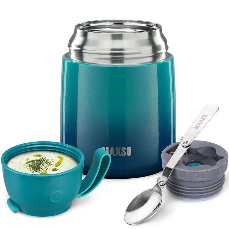 MAXSO Soup Thermo for Hot Cold Food for Adults Kids 17 oz Vacuum Insulated Steel Lunch Container Bento Box with Spoon Leakproof Thermal Food Jar for School Office Travel Blue Green