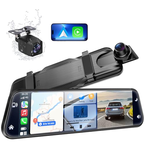 KOUENOM 25K Mirror Dash Cam with CarplayAndroid Auto10 Rear View Mirror Camera for CarsTrucks with Voice Control 64GB CardTouch ScreenParking MonitorReverse AssistDual Loop RecordWDR Tech - Image 1