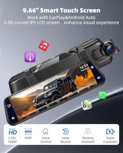 KOUENOM 25K Mirror Dash Cam with CarplayAndroid Auto10 Rear View Mirror Camera for CarsTrucks with Voice Control 64GB CardTouch ScreenParking MonitorReverse AssistDual Loop RecordWDR Tech - Image 3