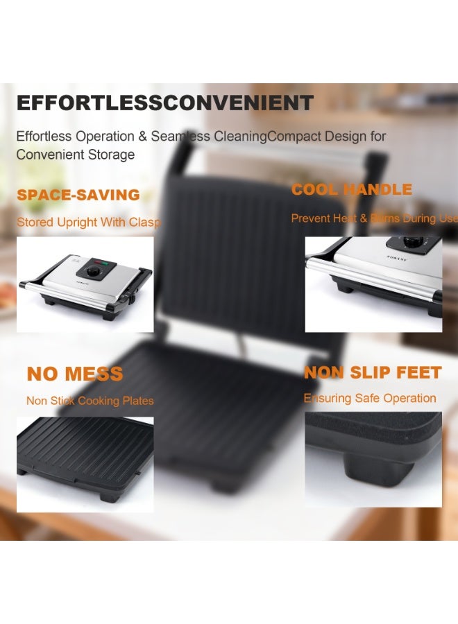 sokany 2000W Panini Grill Open 180° Flat Grilling,sandwich maker Adjustable Height, Stainless Steel Plastic,Non-stick Coated Plates Easy to Clean High Power - Image 5