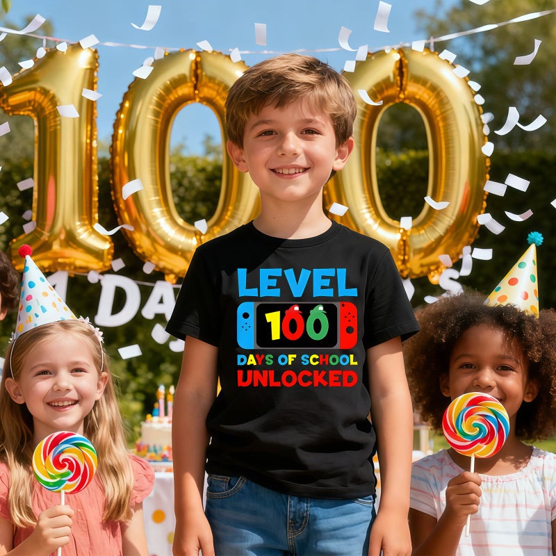 YWAGK 100th Day of School Shirt Boys Kids Level 100 Days of School Unlocked T-Shirts Toddler Back to School Tee Black (9-10 Years) - Image 3