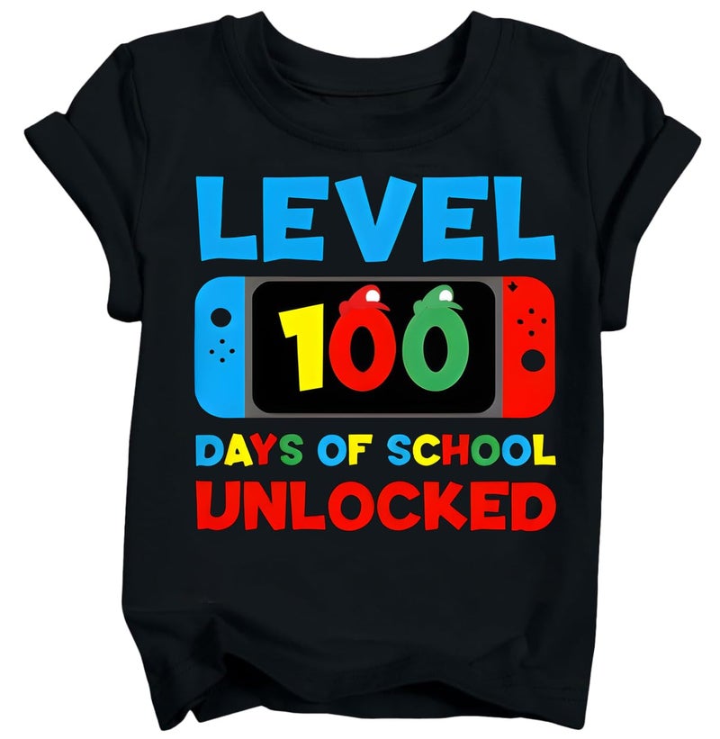 YWAGK 100th Day of School Shirt Boys Kids Level 100 Days of School Unlocked T-Shirts Toddler Back to School Tee Black (9-10 Years) - Image 1