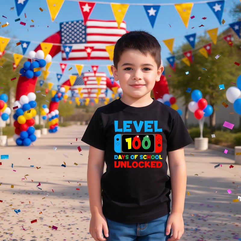 YWAGK 100th Day of School Shirt Boys Kids Level 100 Days of School Unlocked T-Shirts Toddler Back to School Tee Black (9-10 Years) - Image 4