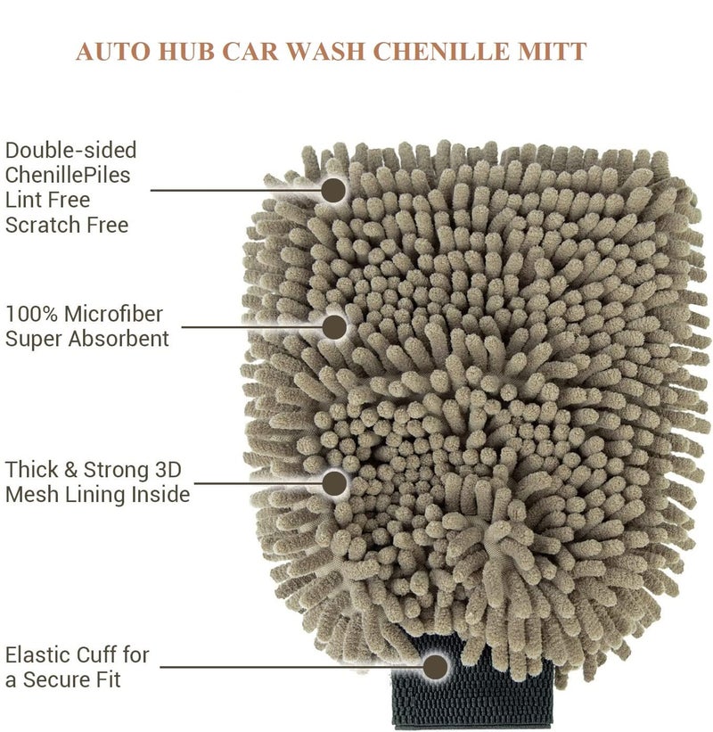 Auto Hub Microfiber Car Cleaning Cloth and Wash Mitt Kit - Includes Super Soft 600 GSM Extra Large (40x60 CM) Microfiber Cloth for Car and Dual Sided Chenille Microfiber Wash Mitt 1700 GSM - Image 4