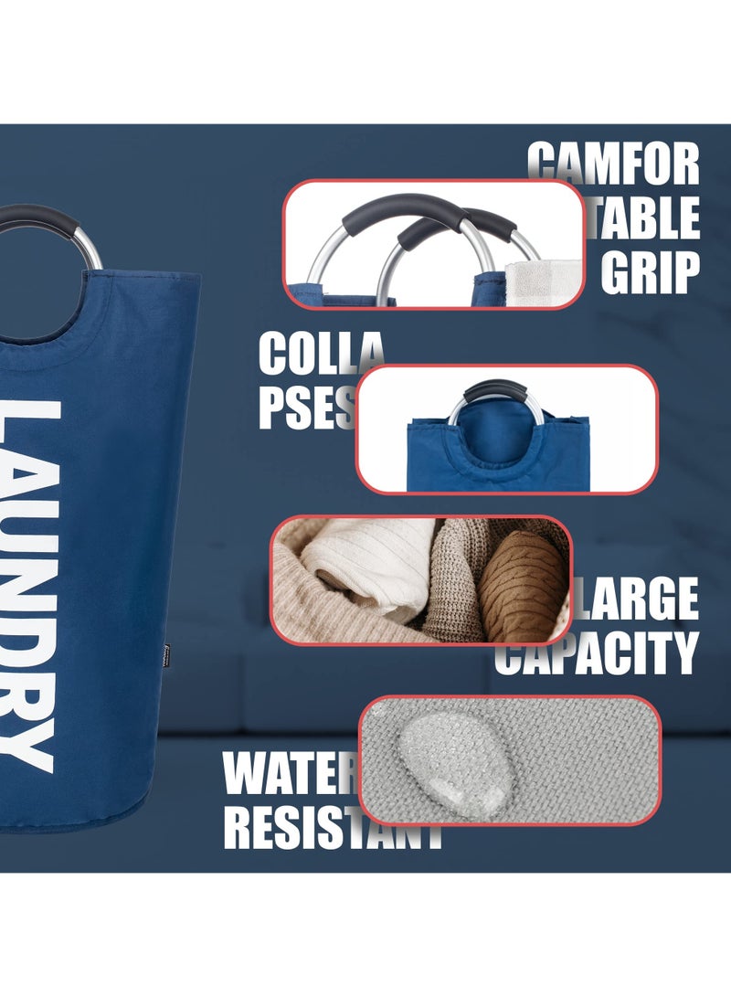 90L Laundry Basket Dark Blue Waterproof Laundry Hamper, Laundry Bag with Padded Handles, Clothes Hamper Stands Up Well, Collapsible Laundry Basket Easy Storage - Image 4