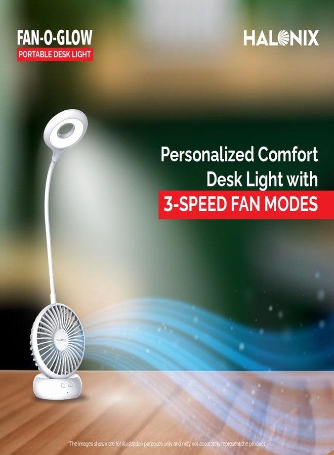 Halonix Polycarbonate Fan-O-Glow Portable Led Desk Light | Study Lamp with Fan | 3 Light Modes | 3 Speed Fan Modes | Rechargeable Study Lamp | Emergency Light |, White - Image 2