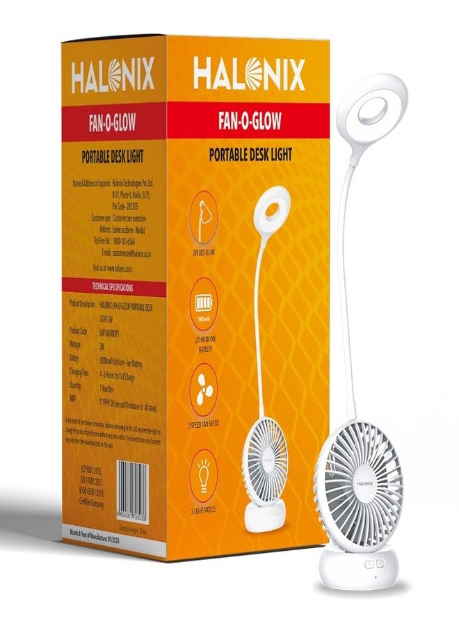 Halonix Polycarbonate Fan-O-Glow Portable Led Desk Light | Study Lamp with Fan | 3 Light Modes | 3 Speed Fan Modes | Rechargeable Study Lamp | Emergency Light |, White - Image 1