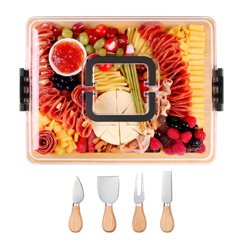 CAWIU Charcuterie Board with Lid and Handle  Portable Travel Design Bamboo Cheese Board Set with 4 Cheese Tools Gift for Housewarming Weddings Picnics 8 Compartments Black