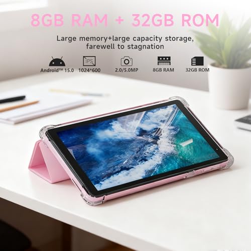 PEICHENG Tablet with Protective Case, 7" IPS 1024 * 600 Android 15.0 Tab PC RAM 8GB(3+5Expand)+ROM 32GB Bluetooth 5.0 WiFi6 2.4G+5G 2MP+5MP Dual Cameras (Pink) - Image 5