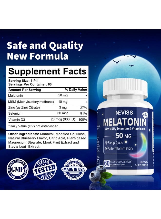 NEVISS Melatonin 50 mg for Adults - Fast Dissolve & Chewable Sublingual Sleep Supplement - Extra Strength Melatonin with Vitamin D3 & MSM, Selenium for Health Rest Cycle, Deep Zzzs, Sugar-Free, 180 Servings - Image 3