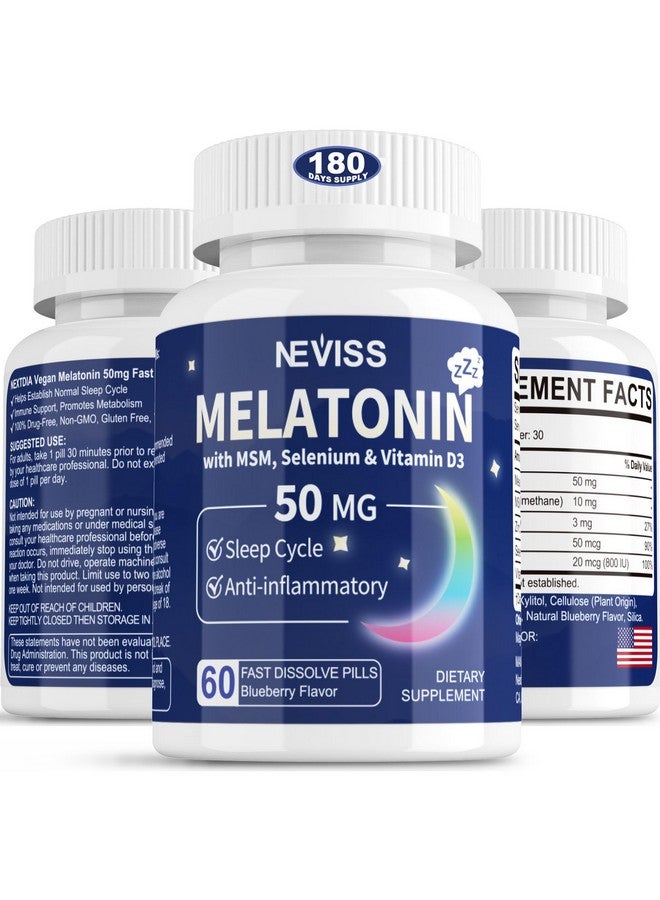 NEVISS Melatonin 50 mg for Adults - Fast Dissolve & Chewable Sublingual Sleep Supplement - Extra Strength Melatonin with Vitamin D3 & MSM, Selenium for Health Rest Cycle, Deep Zzzs, Sugar-Free, 180 Servings - Image 1