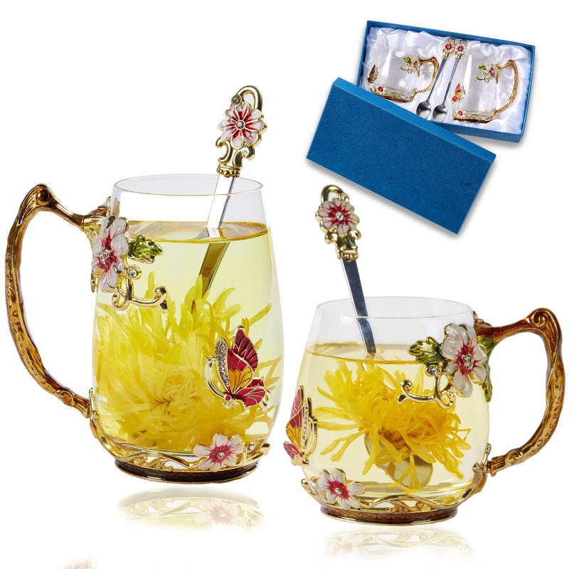 DUMVOIN Tea Cup Glass Coffee MugsFancy Tea Cup Set Birthday Christmas Valentines Day Gift Idea for Tea Lover and Women Novelty Coffee Mugs Rose Flower Enamel Tea Cup Glass Mug with Spoon