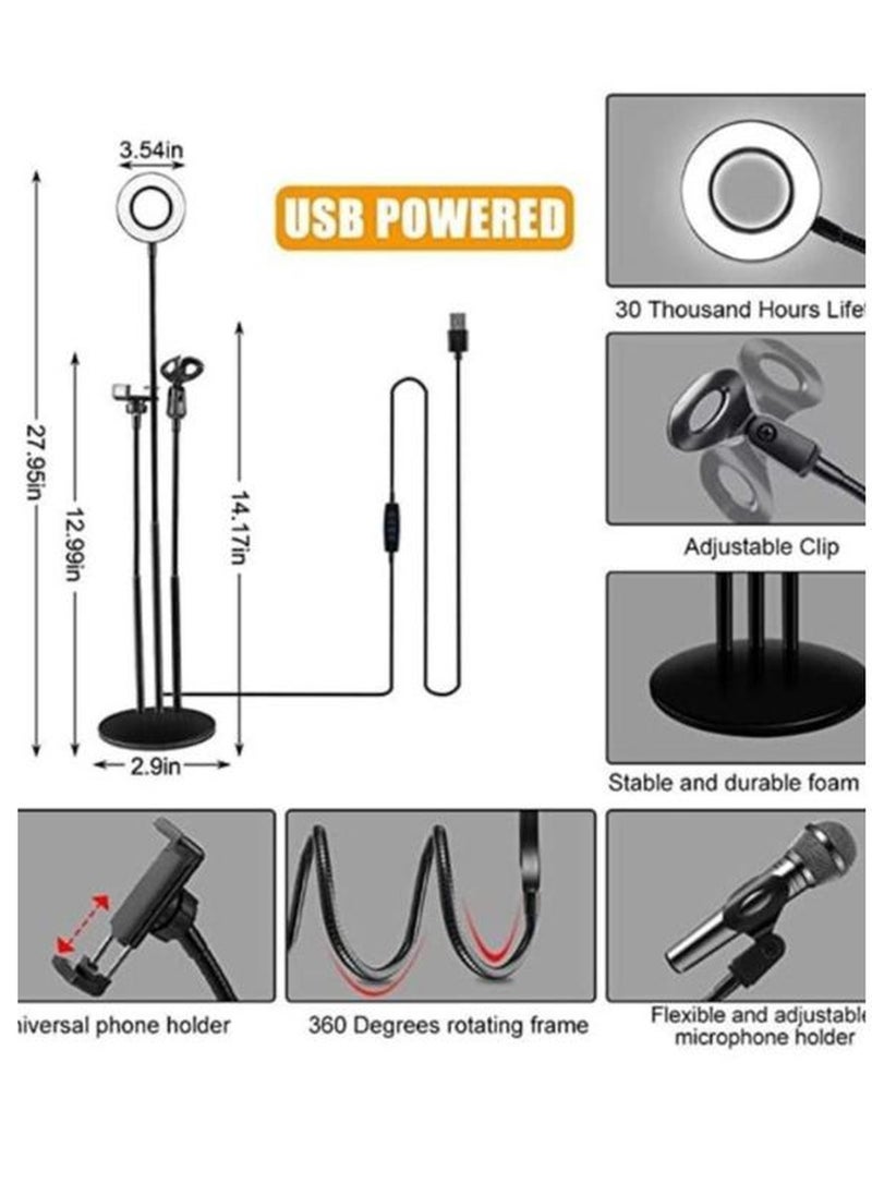 Generic - 3 in 1 Professional Live Broadcasting Kit with Mini USB Ring Mic Stand and Mobile Phone Webcam Stand Premium Stand for Makeup Video Shooting, Live Video Calling and More - Image 1