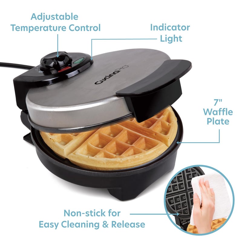 CucinaPro Belgian Waffle Maker- Non-Stick 7" Waffler Iron w Adjustable Browning Control, Electric Baker Makes Thick Fluffy Waffles- Kitchen Essential for Breakfast Morning or Brunch, Housewarming Supplies Gift - Image 2