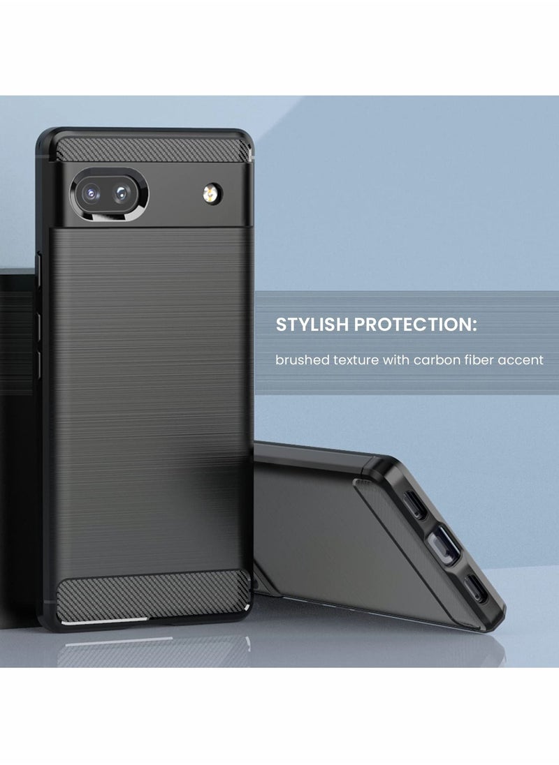 Case for Google Pixel 6A, Pixel 6a Case with Tempered Glass Screen Protector, Shock-Absorption Brushed Flexible Soft TPU Carbon Fiber Protective Cover for Google Pixel 6a 2022 (Black)