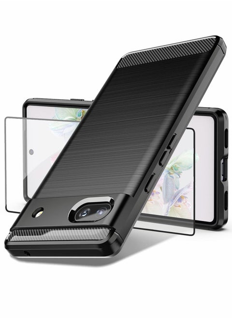 Case for Google Pixel 6A, Pixel 6a Case with Tempered Glass Screen Protector, Shock-Absorption Brushed Flexible Soft TPU Carbon Fiber Protective Cover for Google Pixel 6a 2022 (Black)