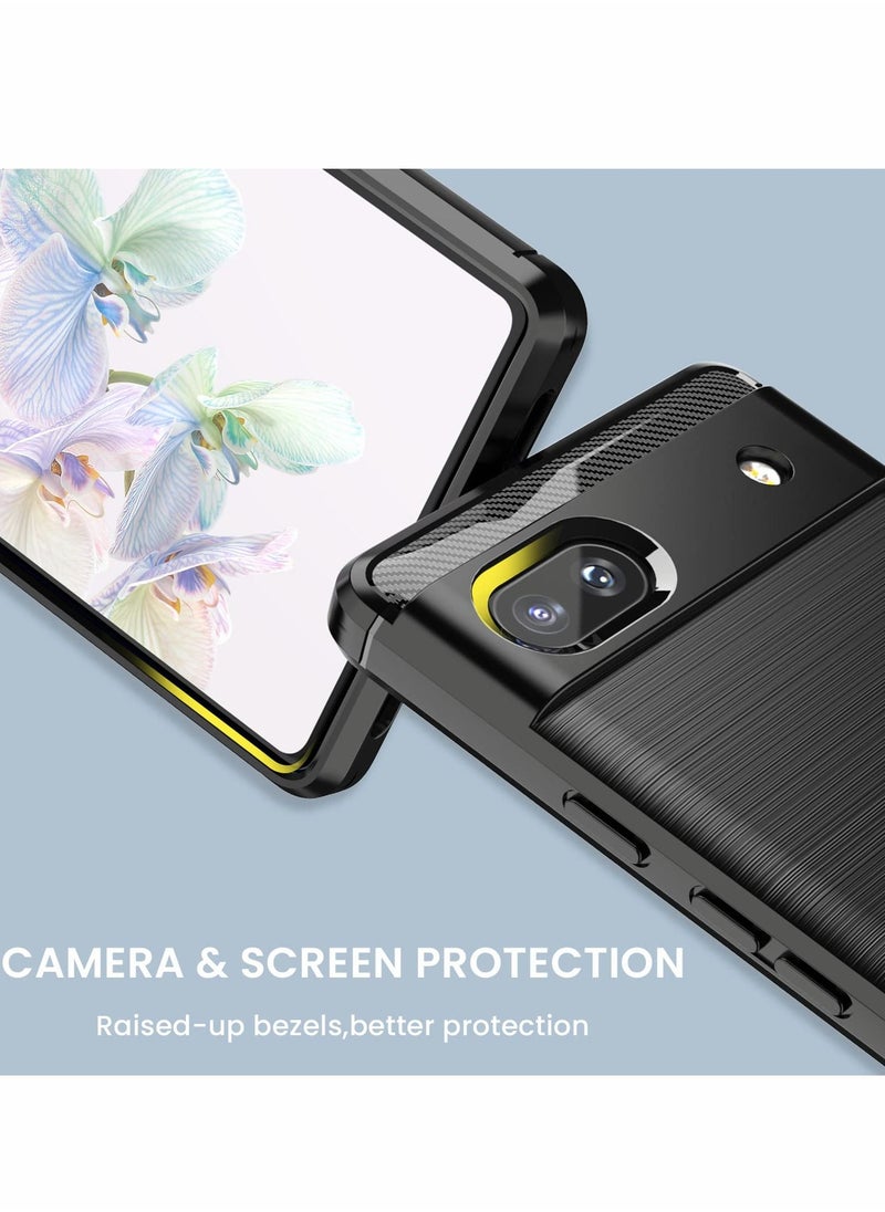 Case for Google Pixel 6A, Pixel 6a Case with Tempered Glass Screen Protector, Shock-Absorption Brushed Flexible Soft TPU Carbon Fiber Protective Cover for Google Pixel 6a 2022 (Black)