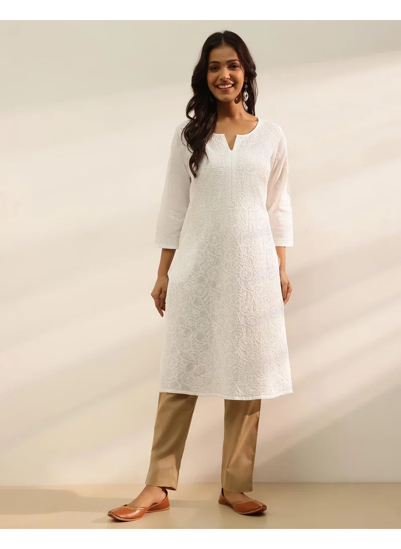 فاب انديا White Cotton Chikankari Knee Length Kurta