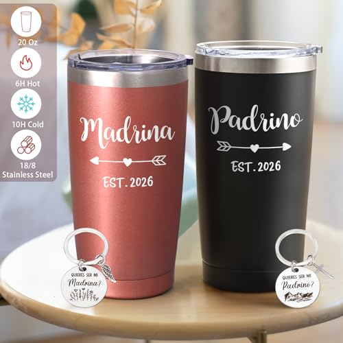 LiqCool Godparents Proposal Gift, Padrino y Madrina Godmother & Godfather 20oz Insulated Tumbler Set with Keychain & Card, Will You be My Godparents Gift from Godchild for Baptism(Black & Rose Gold) - Image 3