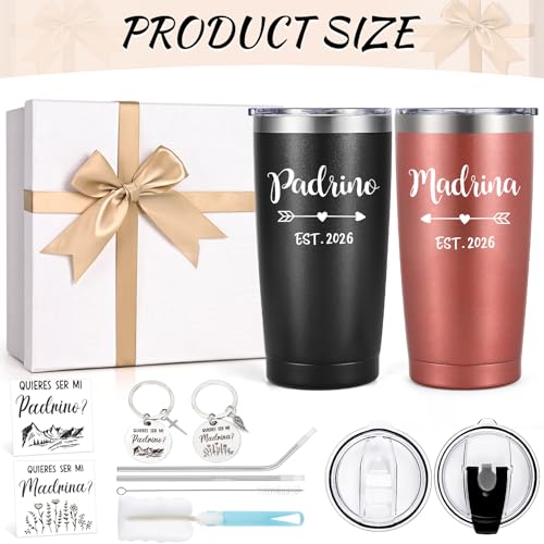 LiqCool Godparents Proposal Gift, Padrino y Madrina Godmother & Godfather 20oz Insulated Tumbler Set with Keychain & Card, Will You be My Godparents Gift from Godchild for Baptism(Black & Rose Gold) - Image 2