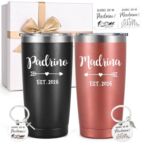 LiqCool Godparents Proposal Gift, Padrino y Madrina Godmother & Godfather 20oz Insulated Tumbler Set with Keychain & Card, Will You be My Godparents Gift from Godchild for Baptism(Black & Rose Gold) - Image 1