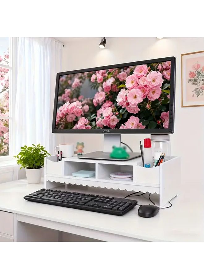 White DIY Office Monitor Stand with Pen Holder and Keyboard Storage - Image 3