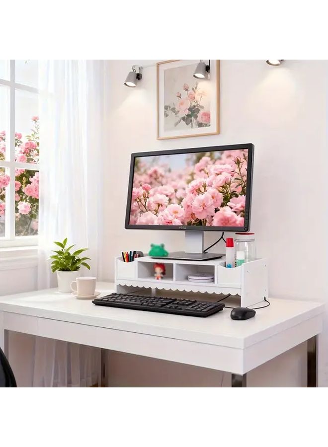 White DIY Office Monitor Stand with Pen Holder and Keyboard Storage - Image 5