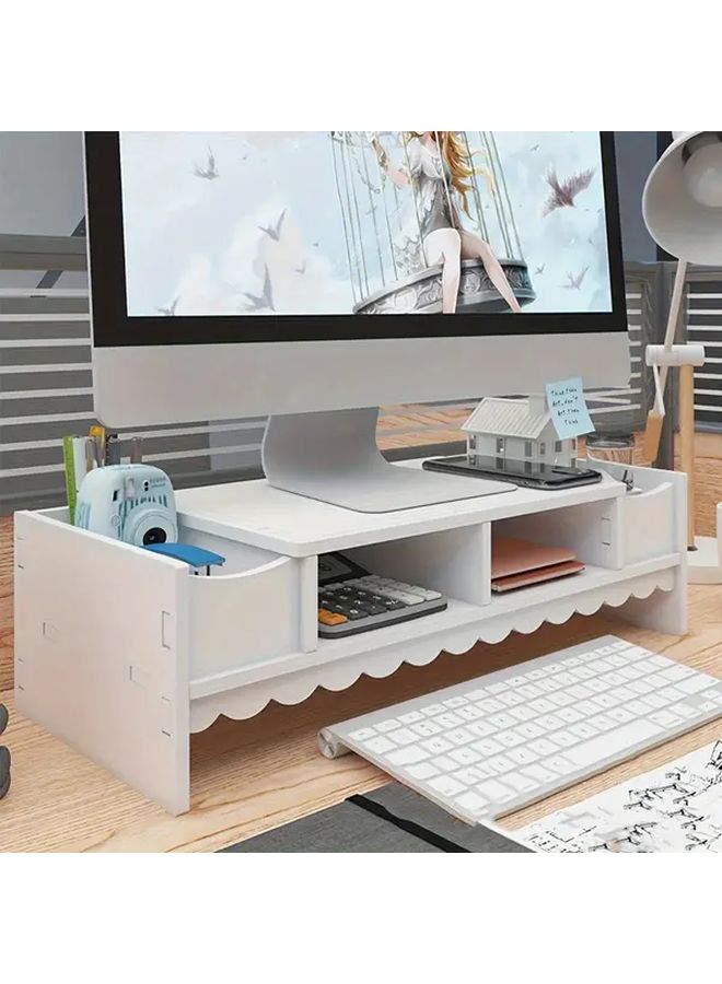 White DIY Office Monitor Stand with Pen Holder and Keyboard Storage - Image 1