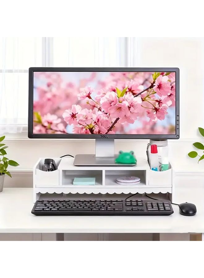 White DIY Office Monitor Stand with Pen Holder and Keyboard Storage - Image 4