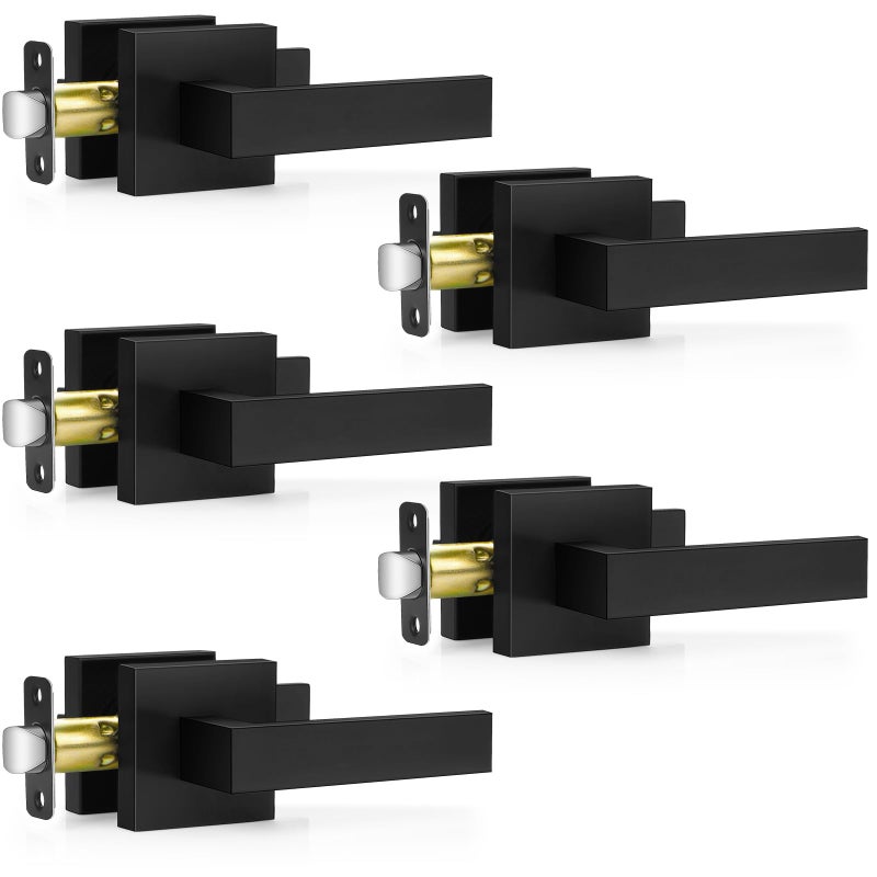 Plustool 5 Pack Matte Black Door Handles, Passage Door Levers for Hallway & Closet, Interior Keyless Door Knobs Heavy Duty Square Non-Locking Handlesets(2.0lb), Reversible for Left & Right Sided Doors - Image 1