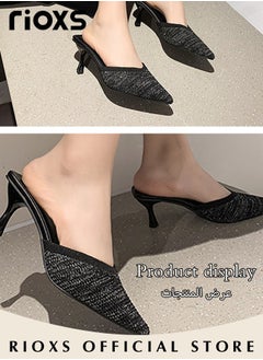 RIOXS Women's Mules Shoes Closed Pointed Toe Slip-On Backless Sandals Knitted Fashion Stiletto Slides For Work And Party  - Image 3