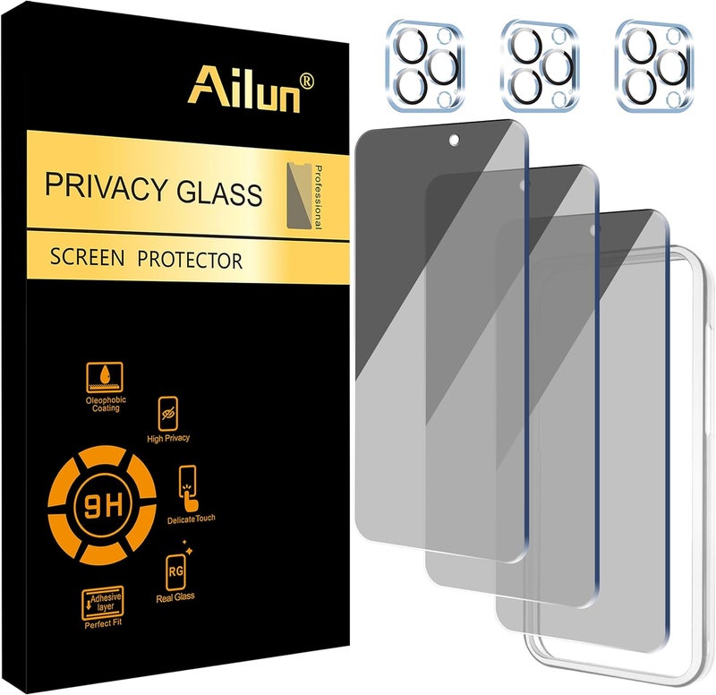 Ailun 3Pack Privacy Screen Protector for iPhone 15 Pro Max [6.7 inch]+3Pack Camera Lens Protector with Installation Frame,Dynamic Island Compatible,Anti Spy Tempered Glass[9H Hardness]-HD - Image 1
