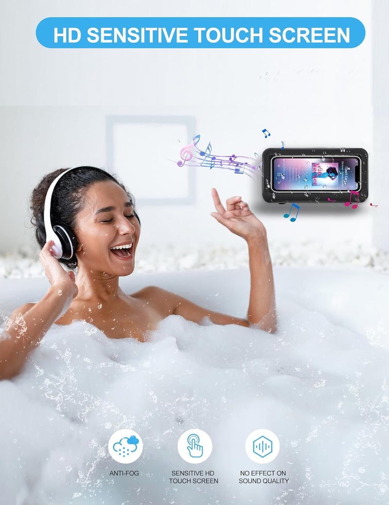 KUNSLUCK Shower Phone Holder Waterproof Anti-Fog Touch Screen Wall Mount Phone Holder for Shower Bathroom Mirror Bathtub (Black) - Image 3