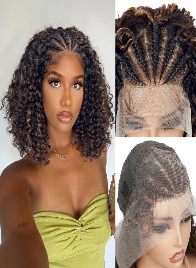 WIGER Braided Wigs for Black Women Glueless Knotless Box Braids Hair Wig with Baby Hair Highlighted Blonde Curly Bob Full Lace Frontal Wig 13X4 Transparent HD Lace Synthetic Deep Curly Wig - Image 1