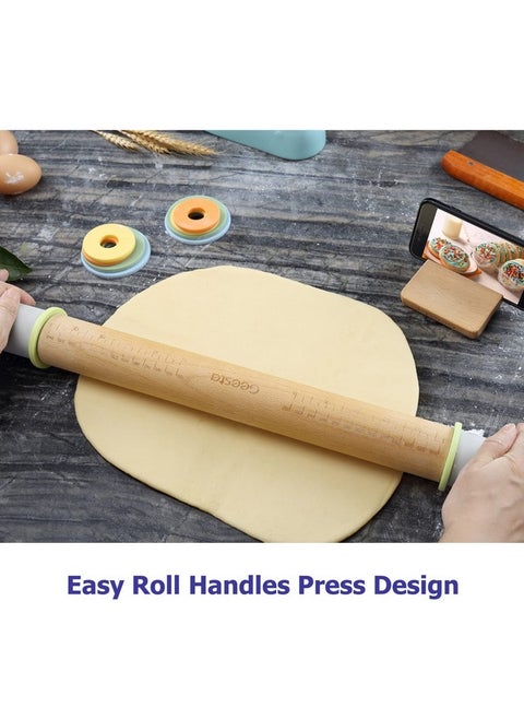 Geesta Adjustable Wood Rolling Pin with 5 Thickness Rings, Precise Dough Roller Handle Press Design with Measurement Guide for Baking Fondant, Pie Crust, Cookie, Pastry - Baking Essential