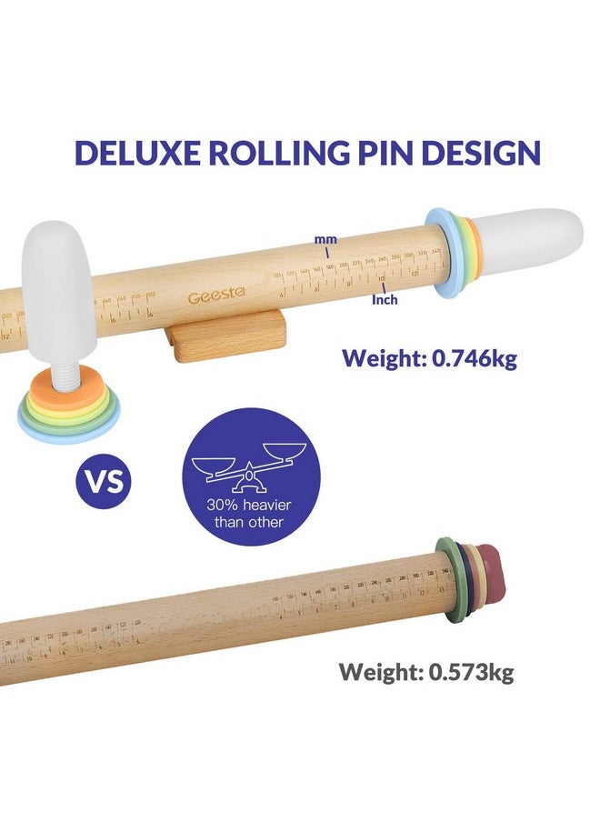 Geesta - Geesta Adjustable Wood Rolling Pin with 5 Thickness Rings, Precise Dough Roller Handle Press Design with Measurement Guide for Baking Fondant, Pie Crust, Cookie, Pastry - Baking Essential - Image 1