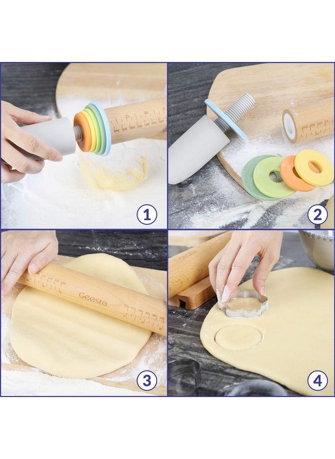 Geesta - Geesta Adjustable Wood Rolling Pin with 5 Thickness Rings, Precise Dough Roller Handle Press Design with Measurement Guide for Baking Fondant, Pie Crust, Cookie, Pastry - Baking Essential - Image 1