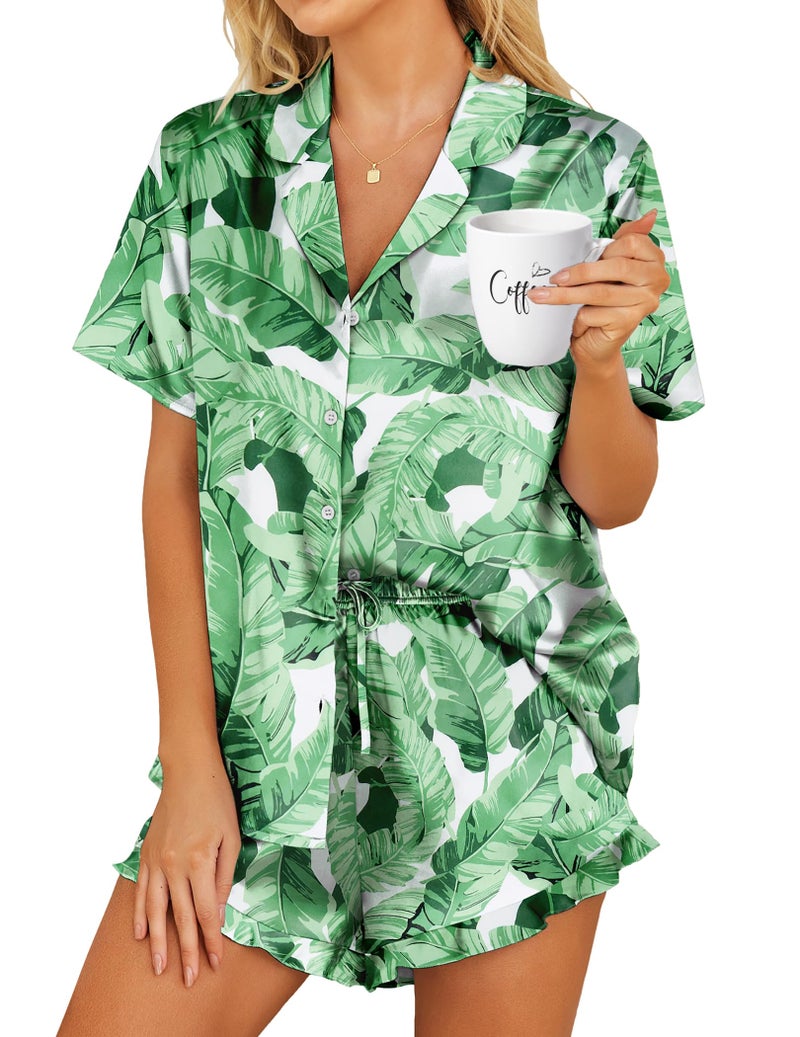 HOTOUCH Womens Silk Satin Set Two-Piece Button Down Short Sleeve Sleepwear Pajamas Green Leaf, Medium - Image 1