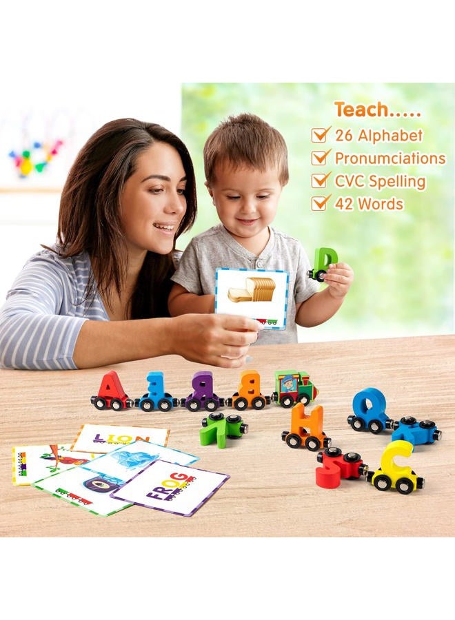 Vanmor 27 Pcs Magnetic Wooden Alphabet Train Set, ABC Learning Toy with 42 Flash Cards & Storage Bag, Fun Educational Toy for Kids Ages 3-7, Interactive Early Development Gift for Boys & Girls - Image 4