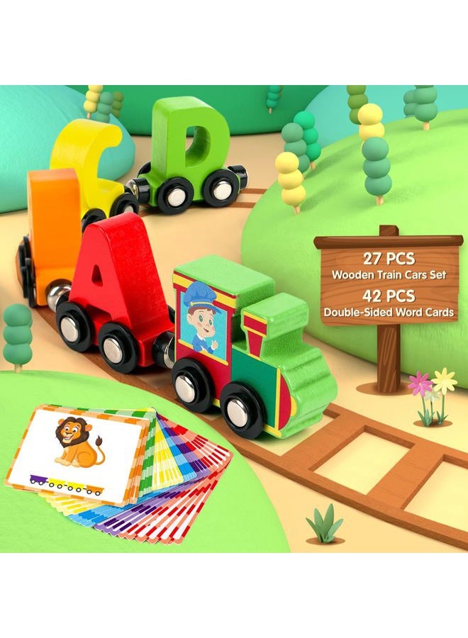 Vanmor 27 Pcs Magnetic Wooden Alphabet Train Set, ABC Learning Toy with 42 Flash Cards & Storage Bag, Fun Educational Toy for Kids Ages 3-7, Interactive Early Development Gift for Boys & Girls - Image 2