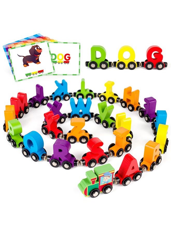 Vanmor 27 Pcs Magnetic Wooden Alphabet Train Set, ABC Learning Toy with 42 Flash Cards & Storage Bag, Fun Educational Toy for Kids Ages 3-7, Interactive Early Development Gift for Boys & Girls - Image 1