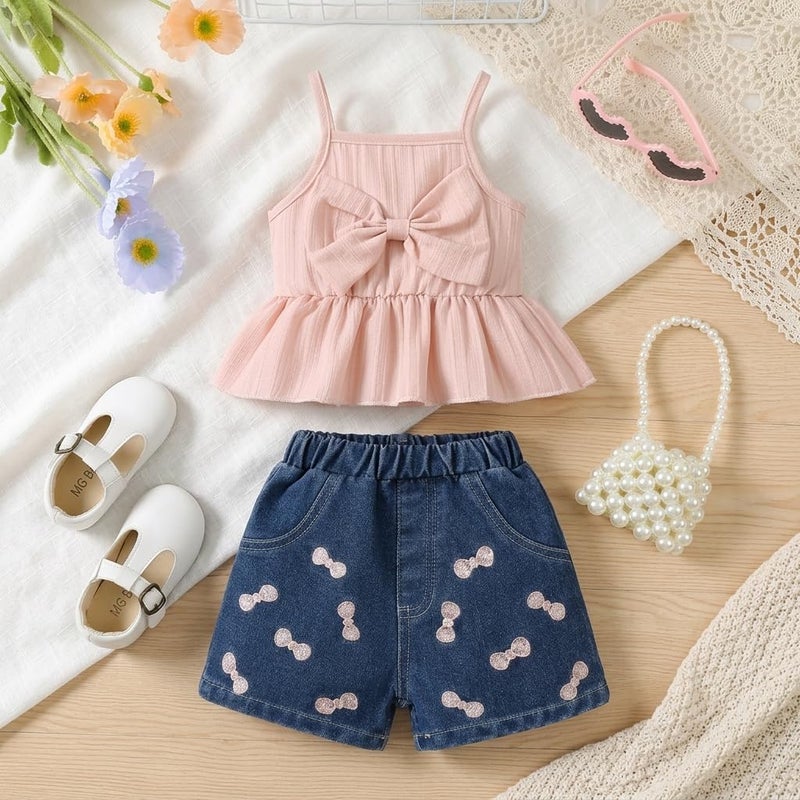 Pink Strappy Top and Denim Shorts Set for Baby Girl with Bow Print, 2-Piece Outfit - Image 1