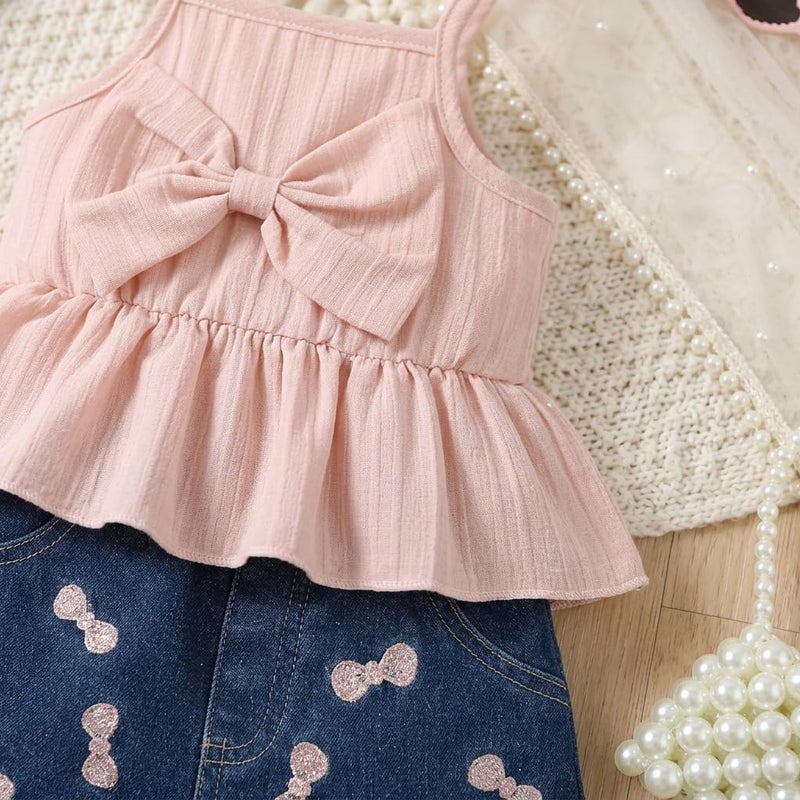 Pink Strappy Top and Denim Shorts Set for Baby Girl with Bow Print, 2-Piece Outfit - Image 4