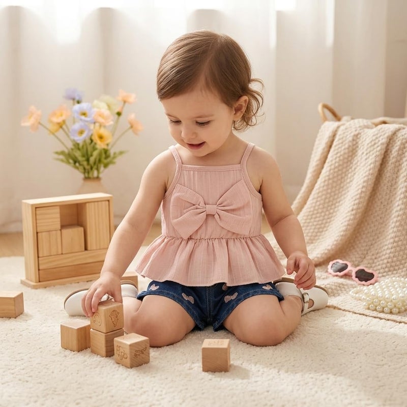 Pink Strappy Top and Denim Shorts Set for Baby Girl with Bow Print, 2-Piece Outfit - Image 2