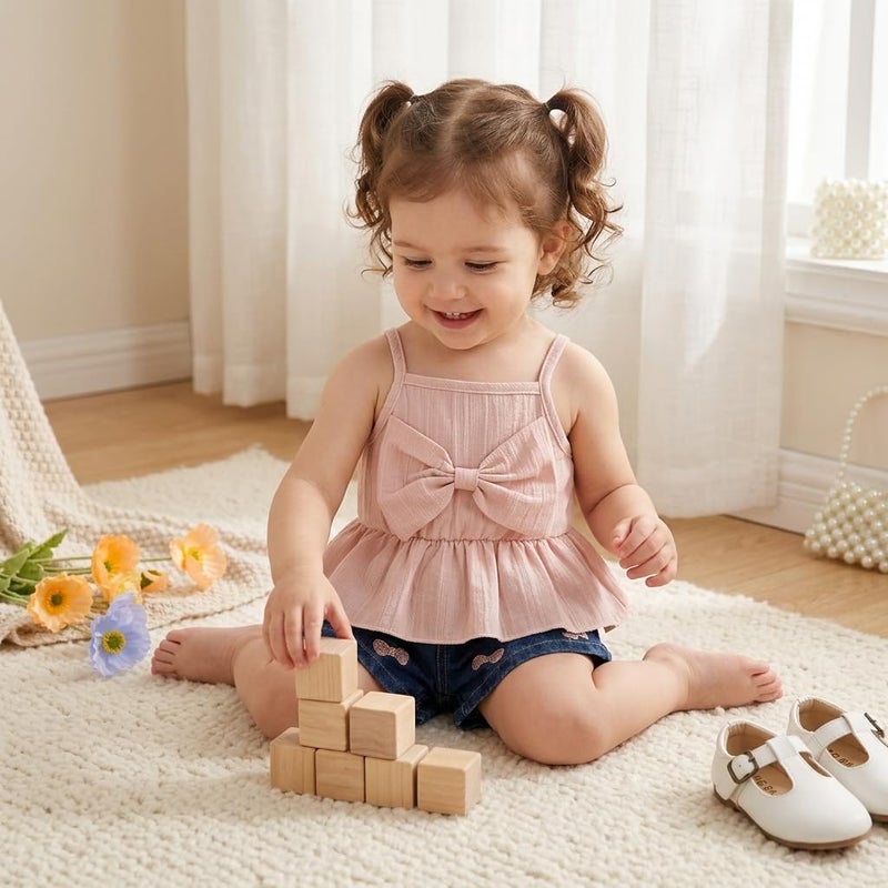 Pink Strappy Top and Denim Shorts Set for Baby Girl with Bow Print, 2-Piece Outfit - Image 5